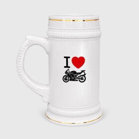 Кружка пивная с принтом Я люблю спортивные мотоциклы в Тюмени,  керамика (Материал выдерживает высокую температуру, стоит избегать резкого перепада температур) |  объем 630 мл | Тематика изображения на принте: 