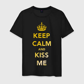 Мужская футболка хлопок с принтом Keep calm and kiss me в Тюмени, 100% хлопок | прямой крой, круглый вырез горловины, длина до линии бедер, слегка спущенное плечо. | keep calm | kiss | золото | поцелуй | сохраняй спокойствие
