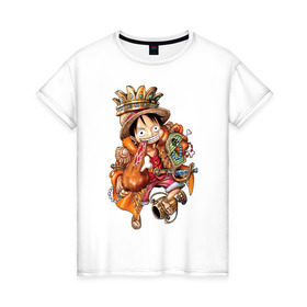Женская футболка хлопок с принтом Луффи- король пиратов в Тюмени, 100% хлопок | прямой крой, круглый вырез горловины, длина до линии бедер, слегка спущенное плечо | anime | mugivara | one piece | pirates | аниме | ванпис | король | кубок | луффи | манга | мугивары | оба | пираты
