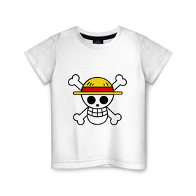 Детская футболка хлопок с принтом Флаг Луффи в Тюмени, 100% хлопок | круглый вырез горловины, полуприлегающий силуэт, длина до линии бедер | anime | mugivara | one piece | pirates | аниме | ванпис | луффи | манга | манки д луффи | мугивары | оба | пираты | флаг