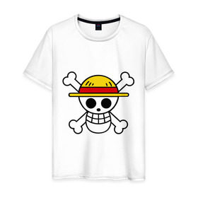 Мужская футболка хлопок с принтом Флаг Луффи в Тюмени, 100% хлопок | прямой крой, круглый вырез горловины, длина до линии бедер, слегка спущенное плечо. | anime | mugivara | one piece | pirates | аниме | ванпис | луффи | манга | манки д луффи | мугивары | оба | пираты | флаг