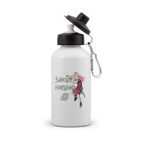 Бутылка спортивная с принтом Сакура Харуно в Тюмени, металл | емкость — 500 мл, в комплекте две пластиковые крышки и карабин для крепления | sakura | дзютсу | сакура
