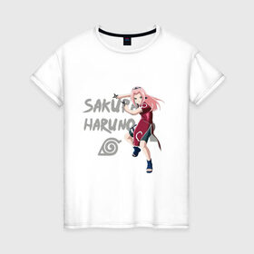 Женская футболка хлопок с принтом Сакура Харуно в Тюмени, 100% хлопок | прямой крой, круглый вырез горловины, длина до линии бедер, слегка спущенное плечо | sakura | дзютсу | сакура