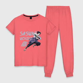 Женская пижама хлопок с принтом Саске Учиха в Тюмени, 100% хлопок | брюки и футболка прямого кроя, без карманов, на брюках мягкая резинка на поясе и по низу штанин | sasuke | дзютсу | катана | саске | учиха | шаринган