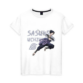 Женская футболка хлопок с принтом Саске Учиха в Тюмени, 100% хлопок | прямой крой, круглый вырез горловины, длина до линии бедер, слегка спущенное плечо | sasuke | дзютсу | катана | саске | учиха | шаринган