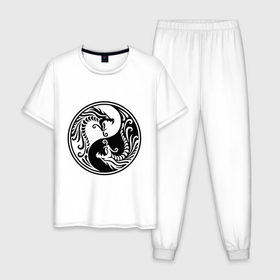 Мужская пижама хлопок с принтом Два дракона Инь Янь в Тюмени, 100% хлопок | брюки и футболка прямого кроя, без карманов, на брюках мягкая резинка на поясе и по низу штанин
 | дракон | инь | ян