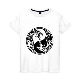 Женская футболка хлопок с принтом Два дракона Инь Янь в Тюмени, 100% хлопок | прямой крой, круглый вырез горловины, длина до линии бедер, слегка спущенное плечо | дракон | инь | ян