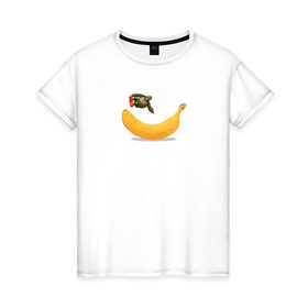 Женская футболка хлопок с принтом Прыжок на банане в Тюмени, 100% хлопок | прямой крой, круглый вырез горловины, длина до линии бедер, слегка спущенное плечо | 
