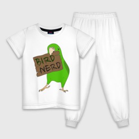 Детская пижама хлопок с принтом Bird Nerd в Тюмени, 100% хлопок |  брюки и футболка прямого кроя, без карманов, на брюках мягкая резинка на поясе и по низу штанин
 | bird nerd | myparrots | зеленый | клюв | нерд | попугай | птицы | птичник