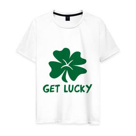 Мужская футболка хлопок с принтом Get lucky в Тюмени, 100% хлопок | прямой крой, круглый вырез горловины, длина до линии бедер, слегка спущенное плечо. | get lucky | ирландия | клевер | патрик | святой