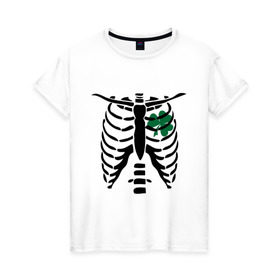 Женская футболка хлопок с принтом Скелет и клевер в Тюмени, 100% хлопок | прямой крой, круглый вырез горловины, длина до линии бедер, слегка спущенное плечо | скелет