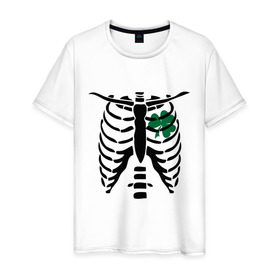 Мужская футболка хлопок с принтом Скелет и клевер в Тюмени, 100% хлопок | прямой крой, круглый вырез горловины, длина до линии бедер, слегка спущенное плечо. | скелет