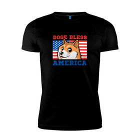 Мужская футболка премиум с принтом Doge bless America в Тюмени, 92% хлопок, 8% лайкра | приталенный силуэт, круглый вырез ворота, длина до линии бедра, короткий рукав | Тематика изображения на принте: dog | mem | америка | лайка | собака | сша