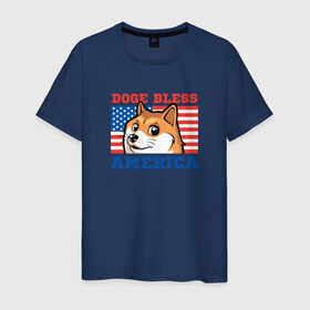 Мужская футболка хлопок с принтом Doge bless America в Тюмени, 100% хлопок | прямой крой, круглый вырез горловины, длина до линии бедер, слегка спущенное плечо. | dog | mem | америка | лайка | собака | сша
