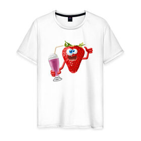 Мужская футболка хлопок с принтом Клубника коктель в Тюмени, 100% хлопок | прямой крой, круглый вырез горловины, длина до линии бедер, слегка спущенное плечо. | 