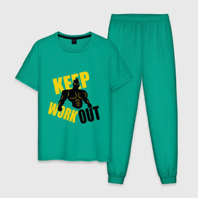 Мужская пижама хлопок с принтом Keep workout (тренируйся) в Тюмени, 100% хлопок | брюки и футболка прямого кроя, без карманов, на брюках мягкая резинка на поясе и по низу штанин
 | keep | out | work | тренируйся