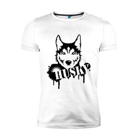 Мужская футболка премиум с принтом Хаски (Husky) в Тюмени, 92% хлопок, 8% лайкра | приталенный силуэт, круглый вырез ворота, длина до линии бедра, короткий рукав | Тематика изображения на принте: husky | собака | хаски
