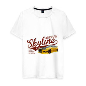 Мужская футболка хлопок с принтом Nissan Skyline в Тюмени, 100% хлопок | прямой крой, круглый вырез горловины, длина до линии бедер, слегка спущенное плечо. | nissan skyline | авто | автомобилистам | водителям | машина | ниссан | ретро | тачка