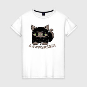 Женская футболка хлопок с принтом Кот ниндзя в Тюмени, 100% хлопок | прямой крой, круглый вырез горловины, длина до линии бедер, слегка спущенное плечо | ассассин | кот
