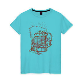 Женская футболка хлопок с принтом Пиво с креветкой в Тюмени, 100% хлопок | прямой крой, круглый вырез горловины, длина до линии бедер, слегка спущенное плечо | 