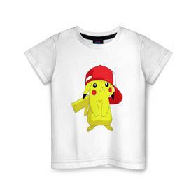 Детская футболка хлопок с принтом Пикачу в Тюмени, 100% хлопок | круглый вырез горловины, полуприлегающий силуэт, длина до линии бедер | пикачу | пикачу с кепкойpokemon
