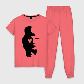 Женская пижама хлопок с принтом саксофонист или девушка в Тюмени, 100% хлопок | брюки и футболка прямого кроя, без карманов, на брюках мягкая резинка на поясе и по низу штанин | Тематика изображения на принте: восприятие | девушка | иллюзия | оптическая иллюзия | саксофонист
