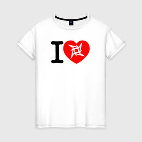 Женская футболка хлопок с принтом I love Metallica в Тюмени, 100% хлопок | прямой крой, круглый вырез горловины, длина до линии бедер, слегка спущенное плечо | Тематика изображения на принте: 