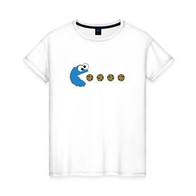 Женская футболка хлопок с принтом Печеньки в Тюмени, 100% хлопок | прямой крой, круглый вырез горловины, длина до линии бедер, слегка спущенное плечо | pacman | игра | монстр | улица сезам