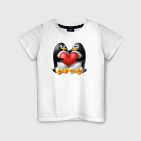 Детская футболка хлопок с принтом Влюбленные пингвины в Тюмени, 100% хлопок | круглый вырез горловины, полуприлегающий силуэт, длина до линии бедер | . любовь | влюбленные пингвины с сердцемвлюбленные | пингвины | сердце