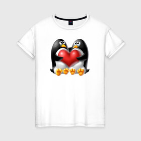 Женская футболка хлопок с принтом Влюбленные пингвины в Тюмени, 100% хлопок | прямой крой, круглый вырез горловины, длина до линии бедер, слегка спущенное плечо | . любовь | влюбленные пингвины с сердцемвлюбленные | пингвины | сердце