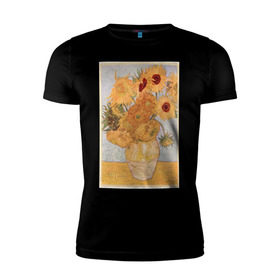 Мужская футболка премиум с принтом ArtJersey в Тюмени, 92% хлопок, 8% лайкра | приталенный силуэт, круглый вырез ворота, длина до линии бедра, короткий рукав | Тематика изображения на принте: винсент ван гог «подсолнухи»@
