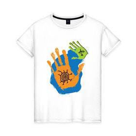 Женская футболка хлопок с принтом Ладони. Этно 2 в Тюмени, 100% хлопок | прямой крой, круглый вырез горловины, длина до линии бедер, слегка спущенное плечо | ethno | hands | ладони | руки | символы