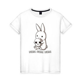Женская футболка хлопок с принтом Кролик с черепом в Тюмени, 100% хлопок | прямой крой, круглый вырез горловины, длина до линии бедер, слегка спущенное плечо | @ | заяц | картинка | кролик | прикол | череп