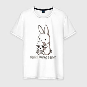 Мужская футболка хлопок с принтом Кролик с черепом в Тюмени, 100% хлопок | прямой крой, круглый вырез горловины, длина до линии бедер, слегка спущенное плечо. | @ | заяц | картинка | кролик | прикол | череп
