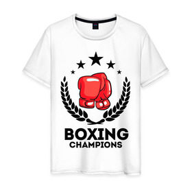 Мужская футболка хлопок с принтом Boxing champions в Тюмени, 100% хлопок | прямой крой, круглый вырез горловины, длина до линии бедер, слегка спущенное плечо. | boxing | champions | бокс | венок | перчатки | спорт