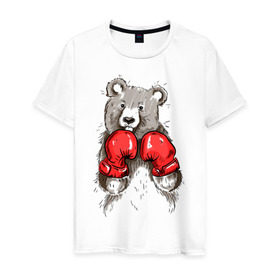 Мужская футболка хлопок с принтом Russia boxing в Тюмени, 100% хлопок | прямой крой, круглый вырез горловины, длина до линии бедер, слегка спущенное плечо. | boxing | бокс | медведь | мишка | перчатки | спорт