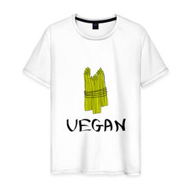 Мужская футболка хлопок с принтом Веган в Тюмени, 100% хлопок | прямой крой, круглый вырез горловины, длина до линии бедер, слегка спущенное плечо. | @ | веган | вегетарианство | как символ сыроеденияпитание | на макете изображена стилизованная спаржа | спаржа | спорт