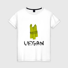 Женская футболка хлопок с принтом Веган в Тюмени, 100% хлопок | прямой крой, круглый вырез горловины, длина до линии бедер, слегка спущенное плечо | @ | веган | вегетарианство | как символ сыроеденияпитание | на макете изображена стилизованная спаржа | спаржа | спорт