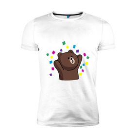 Мужская футболка премиум с принтом Стикер Line мишка в Тюмени, 92% хлопок, 8% лайкра | приталенный силуэт, круглый вырез ворота, длина до линии бедра, короткий рукав | медведь | радость | стикер line