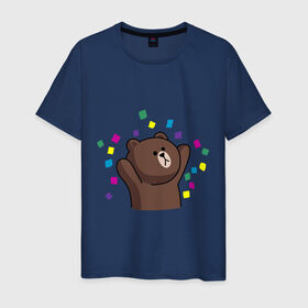 Мужская футболка хлопок с принтом Стикер Line мишка в Тюмени, 100% хлопок | прямой крой, круглый вырез горловины, длина до линии бедер, слегка спущенное плечо. | медведь | радость | стикер line