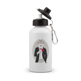 Бутылка спортивная с принтом Волк в смокинге в Тюмени, металл | емкость — 500 мл, в комплекте две пластиковые крышки и карабин для крепления | джентльмен | костюм | хипстер