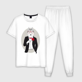 Мужская пижама хлопок с принтом Волк в смокинге в Тюмени, 100% хлопок | брюки и футболка прямого кроя, без карманов, на брюках мягкая резинка на поясе и по низу штанин
 | джентльмен | костюм | хипстер