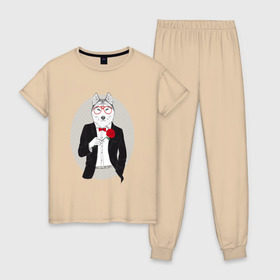Женская пижама хлопок с принтом Волк в смокинге в Тюмени, 100% хлопок | брюки и футболка прямого кроя, без карманов, на брюках мягкая резинка на поясе и по низу штанин | джентльмен | костюм | хипстер