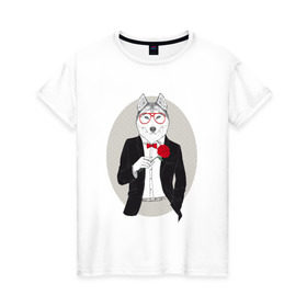 Женская футболка хлопок с принтом Волк в смокинге в Тюмени, 100% хлопок | прямой крой, круглый вырез горловины, длина до линии бедер, слегка спущенное плечо | джентльмен | костюм | хипстер