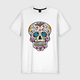 Мужская футболка премиум с принтом Skull decorated в Тюмени, 92% хлопок, 8% лайкра | приталенный силуэт, круглый вырез ворота, длина до линии бедра, короткий рукав | Тематика изображения на принте: сахарный