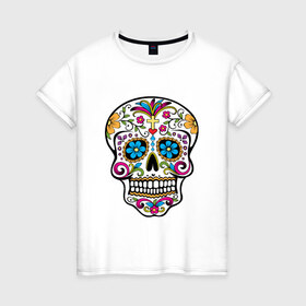 Женская футболка хлопок с принтом Skull decorated в Тюмени, 100% хлопок | прямой крой, круглый вырез горловины, длина до линии бедер, слегка спущенное плечо | сахарный