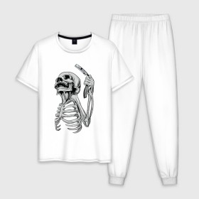Мужская пижама хлопок с принтом Скелет с бритвой в Тюмени, 100% хлопок | брюки и футболка прямого кроя, без карманов, на брюках мягкая резинка на поясе и по низу штанин
 | скелет