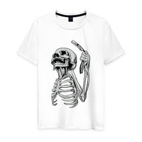 Мужская футболка хлопок с принтом Скелет с бритвой в Тюмени, 100% хлопок | прямой крой, круглый вырез горловины, длина до линии бедер, слегка спущенное плечо. | скелет