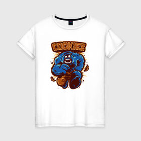 Женская футболка хлопок с принтом Печеньки в Тюмени, 100% хлопок | прямой крой, круглый вырез горловины, длина до линии бедер, слегка спущенное плечо | cookie | коржик | монстр | печенье | улица сезам