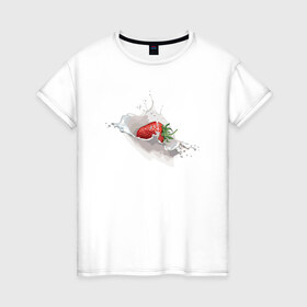 Женская футболка хлопок с принтом Клубника со сливками в Тюмени, 100% хлопок | прямой крой, круглый вырез горловины, длина до линии бедер, слегка спущенное плечо | 